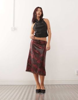 Reclaimed Vintage Reclaimed Vintage sequin midi skirt with lace hem in burgundy floral print-Red