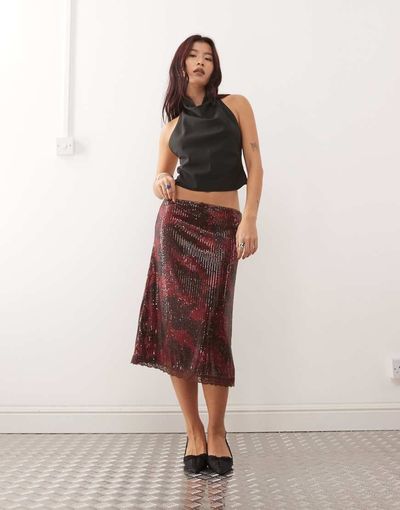 Reclaimed Vintage Reclaimed Vintage sequin midi skirt with lace hem in burgundy floral print-Red