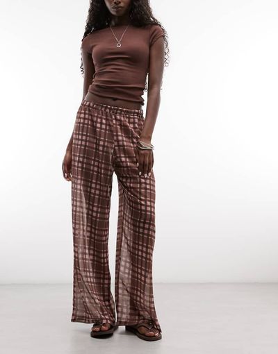 Reclaimed Vintage Reclaimed Vintage sheer wide leg pants in red plaid-Multi