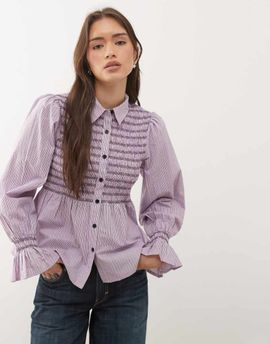 Reclaimed Vintage Reclaimed Vintage shirt with shirring details in pink stripes-Multi
