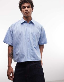 Reclaimed Vintage Reclaimed Vintage short sleeve boxy shirt in washed blue stripe-Multi