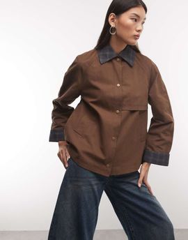 Reclaimed Vintage Reclaimed Vintage short waxed mac with check collar and cuffs in green