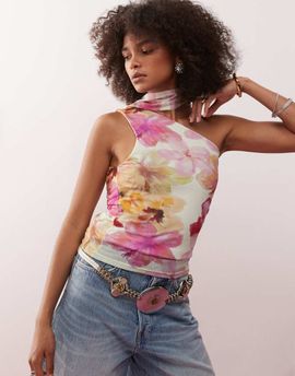Reclaimed Vintage Reclaimed Vintage slash neck tank top in tropical scarf print-Multi