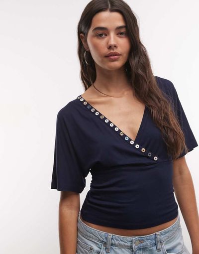 Reclaimed Vintage Reclaimed Vintage soft touch wrap top with button detail in navy-Brown