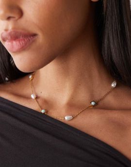 Reclaimed Vintage Reclaimed Vintage stainless steel necklace with blue stone with pearl-Multi