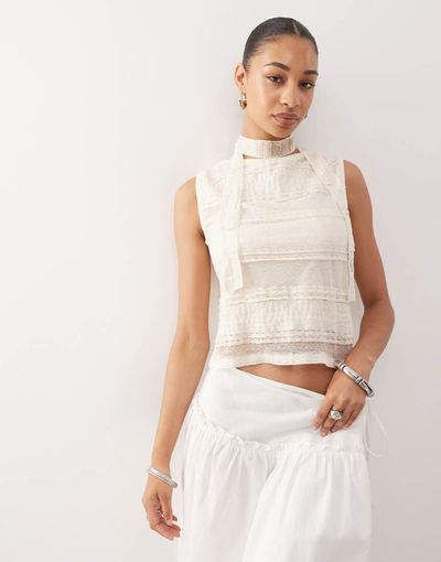 Reclaimed Vintage Reclaimed Vintage textured jersey and lace slash neck tank top and matching scarf in cream-White