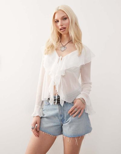 Reclaimed Vintage Reclaimed Vintage tie front boho blouse with ruffles in white