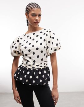 Reclaimed Vintage Reclaimed Vintage top with puff sleeves in black and white polka dot-Multi