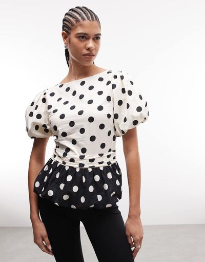 Reclaimed Vintage Reclaimed Vintage top with puff sleeves in black and white polka dot-Multi