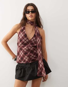 Reclaimed Vintage Reclaimed Vintage top with scarf in spliced burgundy check print-Multi