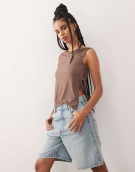 Reclaimed Vintage Reclaimed Vintage twist detail off the shoulder jersey top with tie sides in mocha brown