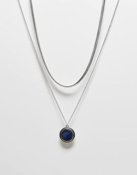 Reclaimed Vintage Reclaimed Vintage unisex 2 row necklace with blue stone in silver