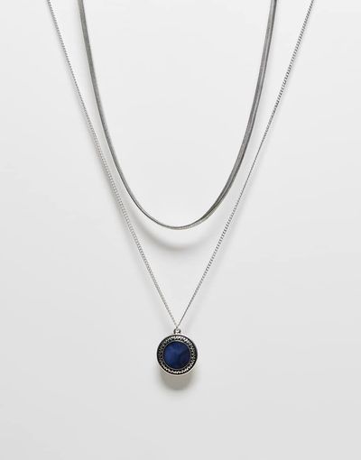 Reclaimed Vintage Reclaimed Vintage unisex 2 row necklace with blue stone in silver