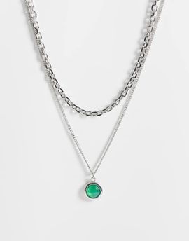 Reclaimed Vintage Reclaimed Vintage Unisex 2 row necklace with green stone pendant in silver tone