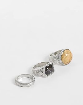 Reclaimed Vintage Reclaimed Vintage Unisex 3-pack rings in worn silver with earth tone stones