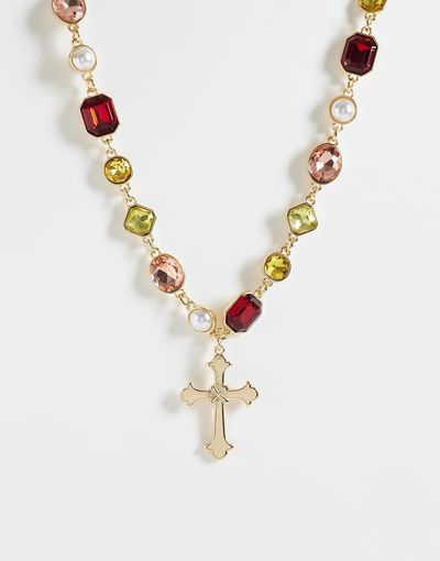 Reclaimed Vintage Reclaimed Vintage unisex gem stone choker necklace with faux pearl detail in gold