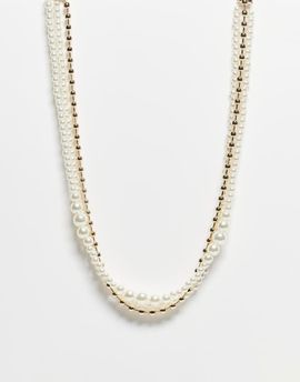 Reclaimed Vintage Reclaimed vintage Unisex gold tone and faux pearl mixed choker style necklace-Multi