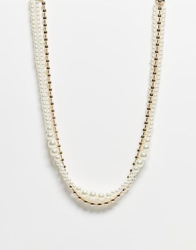 Reclaimed Vintage Reclaimed vintage Unisex gold tone and faux pearl mixed choker style necklace-Multi