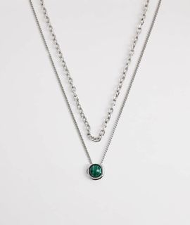 Reclaimed Vintage Reclaimed Vintage unisex green stone 2 row necklace in silver