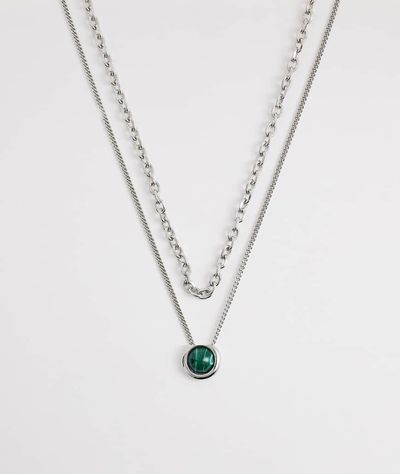 Reclaimed Vintage Reclaimed Vintage unisex green stone 2 row necklace in silver