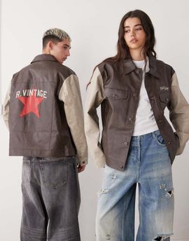 Reclaimed Vintage Reclaimed Vintage unisex leather look bomber jacket in brown with star embroidery