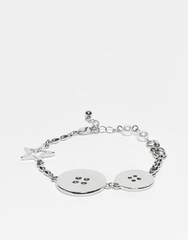 Reclaimed Vintage Reclaimed Vintage Unisex mixed chain button charm bracelet in silver tone