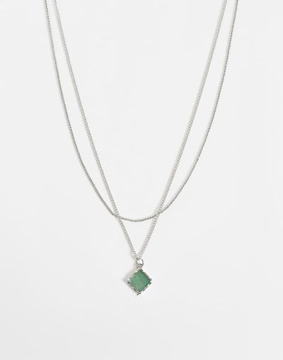 Reclaimed Vintage Reclaimed Vintage unisex molten pendant necklace with green stone-Silver