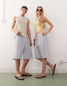 Reclaimed Vintage Reclaimed Vintage Unisex oversized longline shorts in blue summer stripes