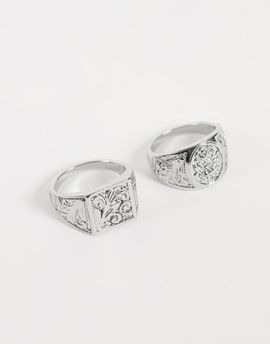 Reclaimed Vintage Reclaimed Vintage unisex rhodium engraved two pack of signet rings-Silver