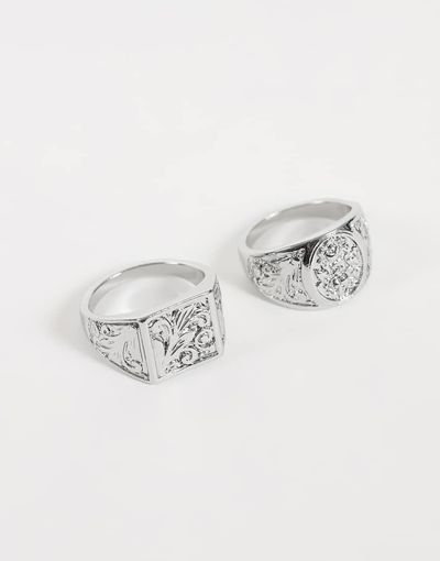 Reclaimed Vintage Reclaimed Vintage unisex rhodium engraved two pack of signet rings-Silver