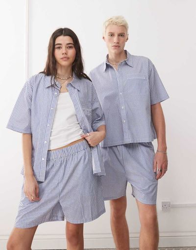 Reclaimed Vintage Reclaimed Vintage unisex short sleeve boxy shirt in blue and white plaid - part of a set-Multi
