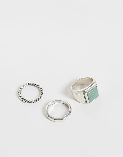 Reclaimed Vintage Reclaimed Vintage unisex silver three pack of rings with green stone