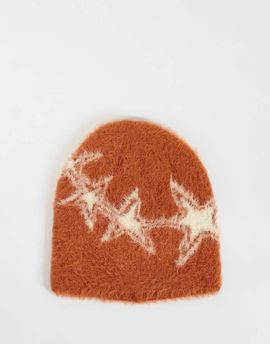 Reclaimed Vintage Reclaimed Vintage unisex skull beanie with star print in fluffy orange