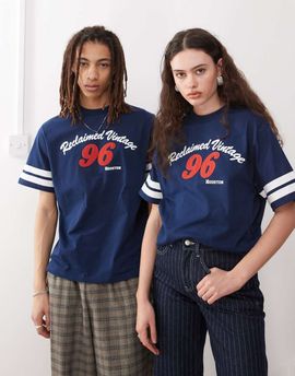 Reclaimed Vintage Reclaimed Vintage unisex slim cropped boxy tee with varsity graphic print in navy