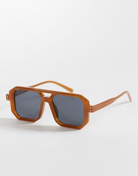 Reclaimed Vintage Reclaimed Vintage unisex square edge aviator sunglasses with dark blue lens in brown