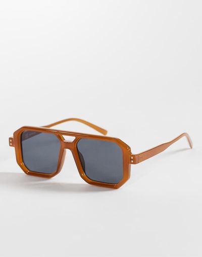 Reclaimed Vintage Reclaimed Vintage unisex square edge aviator sunglasses with dark blue lens in brown