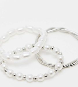 Reclaimed Vintage Reclaimed Vintage unisex stretchy ring pack in silver and pearl-Multi