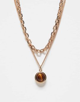 Reclaimed Vintage Reclaimed Vintage unisex tiger eye 2 row necklace in gold