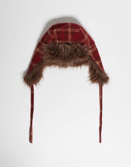 Reclaimed Vintage Reclaimed Vintage Unisex trapper hat in red plaid with brown faux fur-Multi