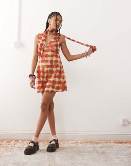 Reclaimed Vintage Reclaimed Vintage v-neck mini dress with scarf in red floral plaid print