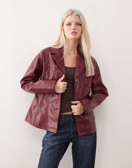 Reclaimed Vintage Reclaimed Vintage washed leather look slimmer fit blazer in burgundy-Red