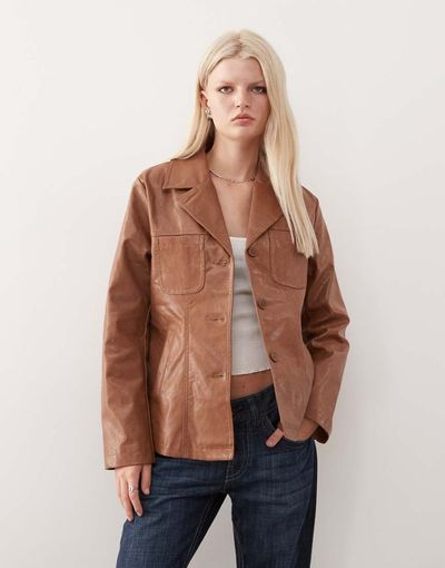 Reclaimed Vintage Reclaimed Vintage washed leather look slimmer fit blazer in tan-Brown
