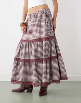 Reclaimed Vintage Reclaimed Vintage western prairie midaxi skirt with lace trim in plaid-Multi
