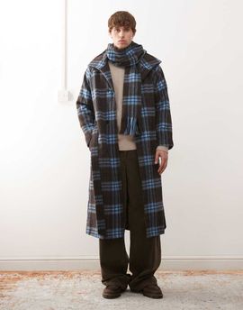 Reclaimed Vintage Reclaimed Vintage wool look maxi duster coat with funnel neck and matching scarf in blue and brown plaid