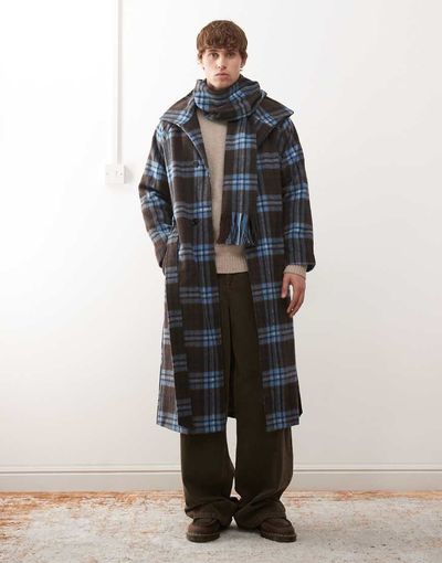 Reclaimed Vintage Reclaimed Vintage wool look maxi duster coat with funnel neck and matching scarf in blue and brown plaid