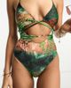 Reclaimed Vintage Reclaimed Vintage Y2K swimsuit with beads and ties in tattoo ombre print-Multi - 4