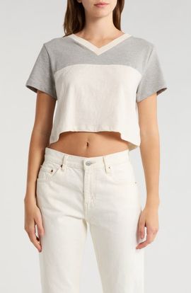 Re/Done Re/Done Contrast V-Neck Crop Jersey T-Shirt