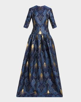 Reem Acra 3/4-Sleeve Lame Brocade Drop-Waist Gown
