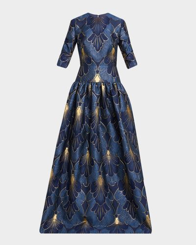 Reem Acra 3/4-Sleeve Lame Brocade Drop-Waist Gown