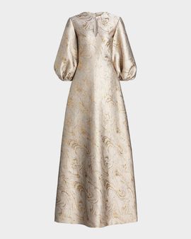 Reem Acra Balloon-Sleeve Metallic Brocade Kaftan Gown